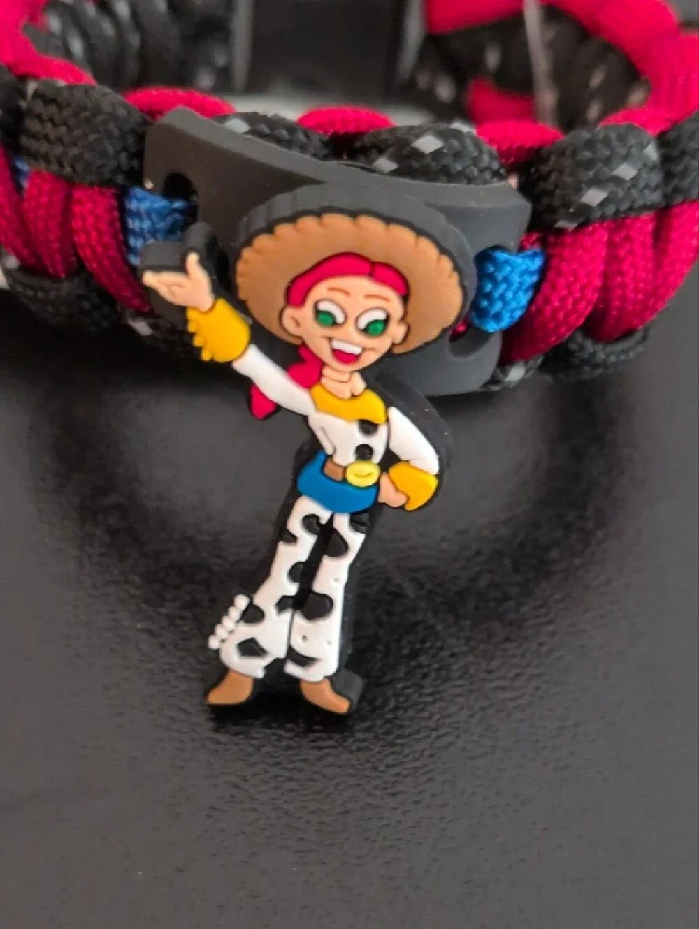 Kids Paracord Bracelet with Pink, Black & Blue Cowgirl Charm. Size 6